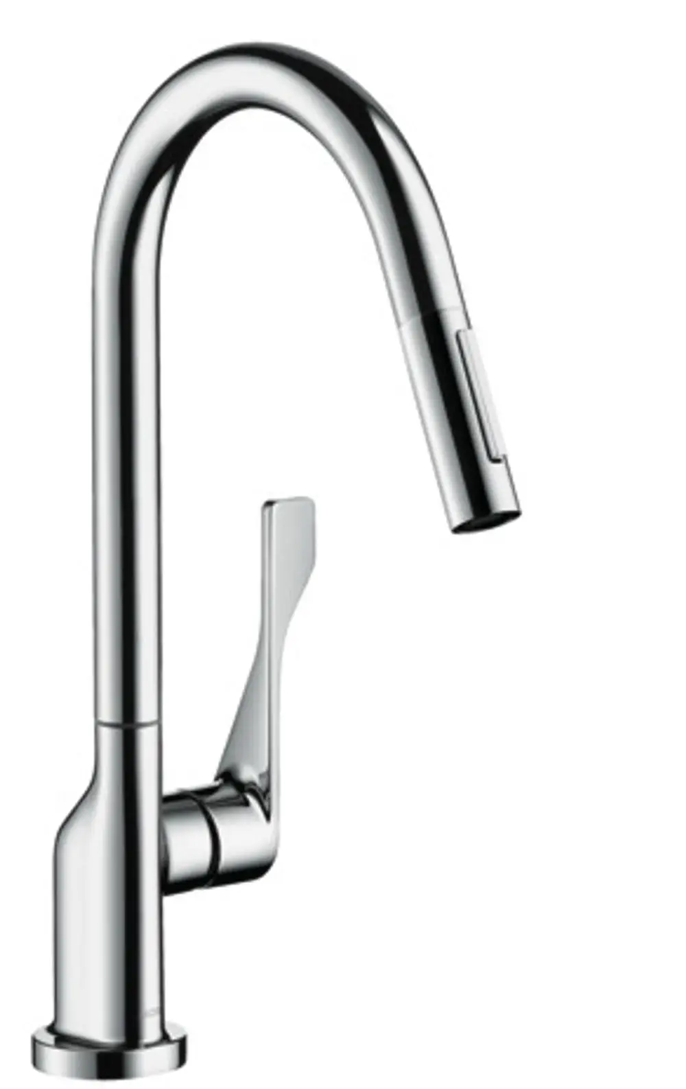 Axor Spültischmischer mit hohem, geschwungenem Auslauf und Ausziehbrause; Hebel zur Steuerung der Wassermenge und -temperatur an der Seite.